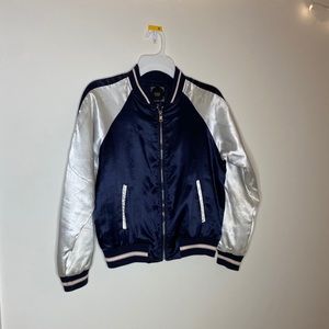 Navy and White Silk Bomber Jacket